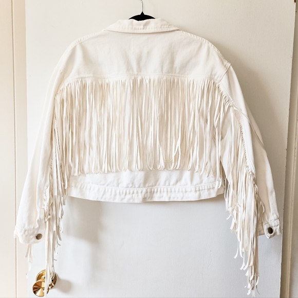 Faux Leather Fringe White Denim Oversized Cropped Boho Summer Festival Jacket - Picture 6 of 16